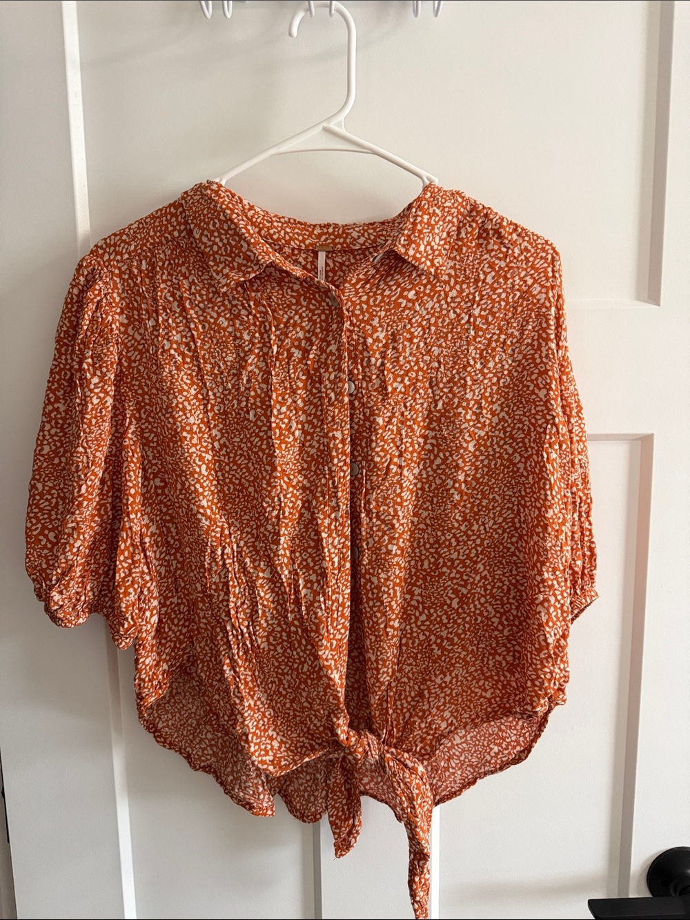 Free People Orange Button-Front Tie-Hem Blouse
